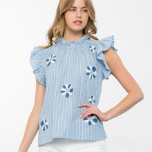  Flower Embroidered Striped Top