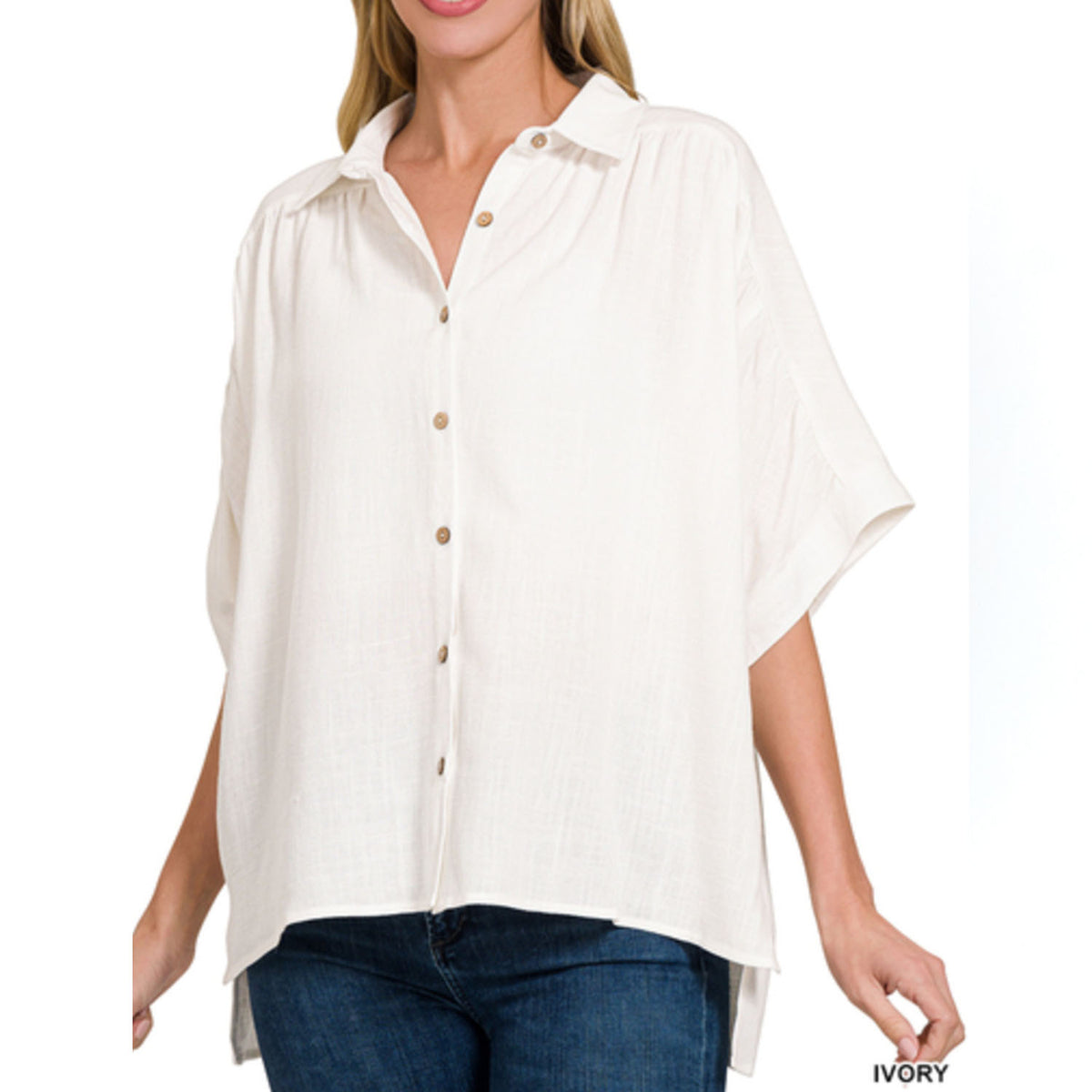 Linen Blend Ruched Seam Cuffed Sleeve Button Down Top DLM Supply