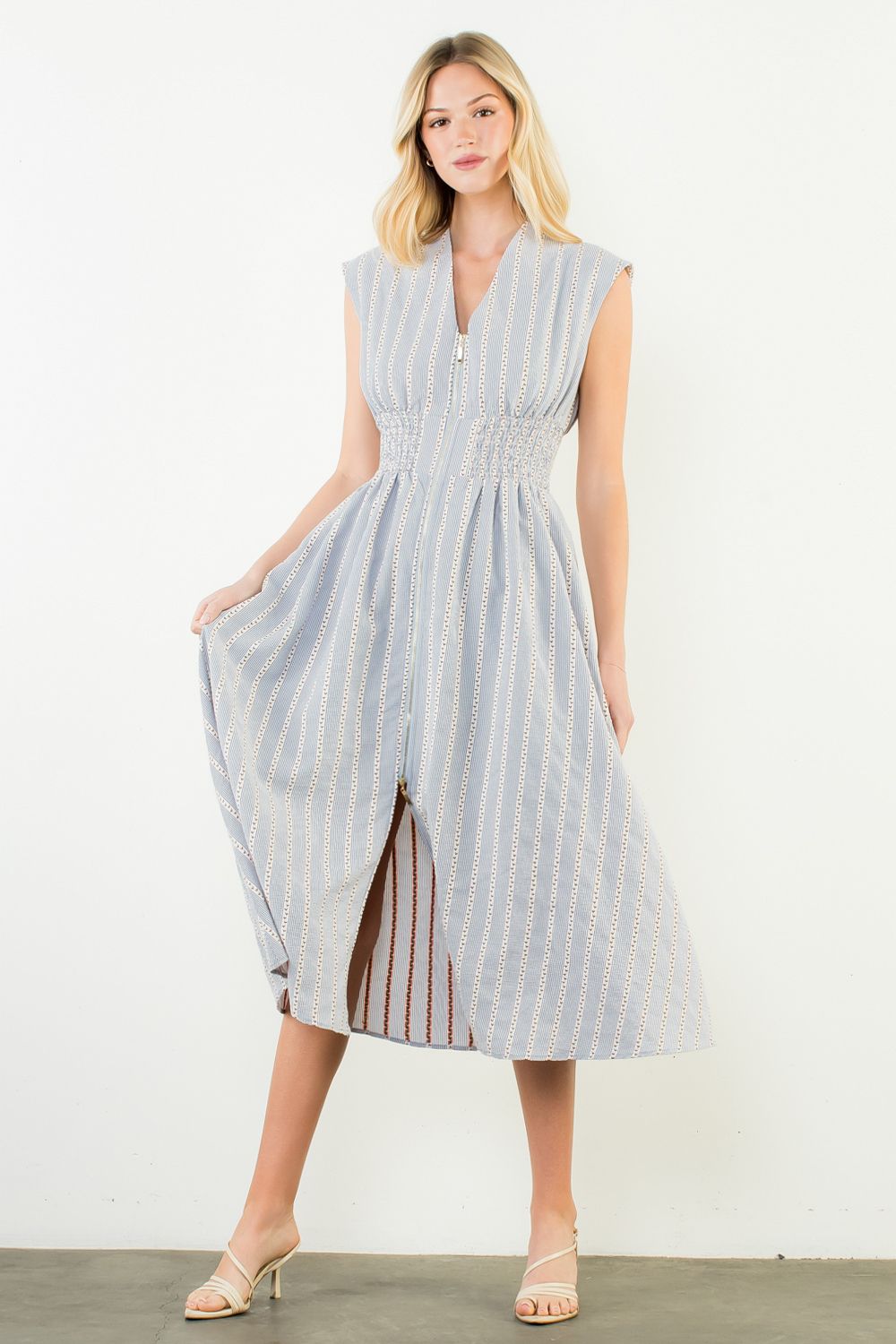 Sleeveless Striped Pattern V-Neck Dress | DLM Supply
