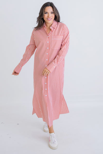 Stripe Poplin Pocket Maxi Shirt Dress