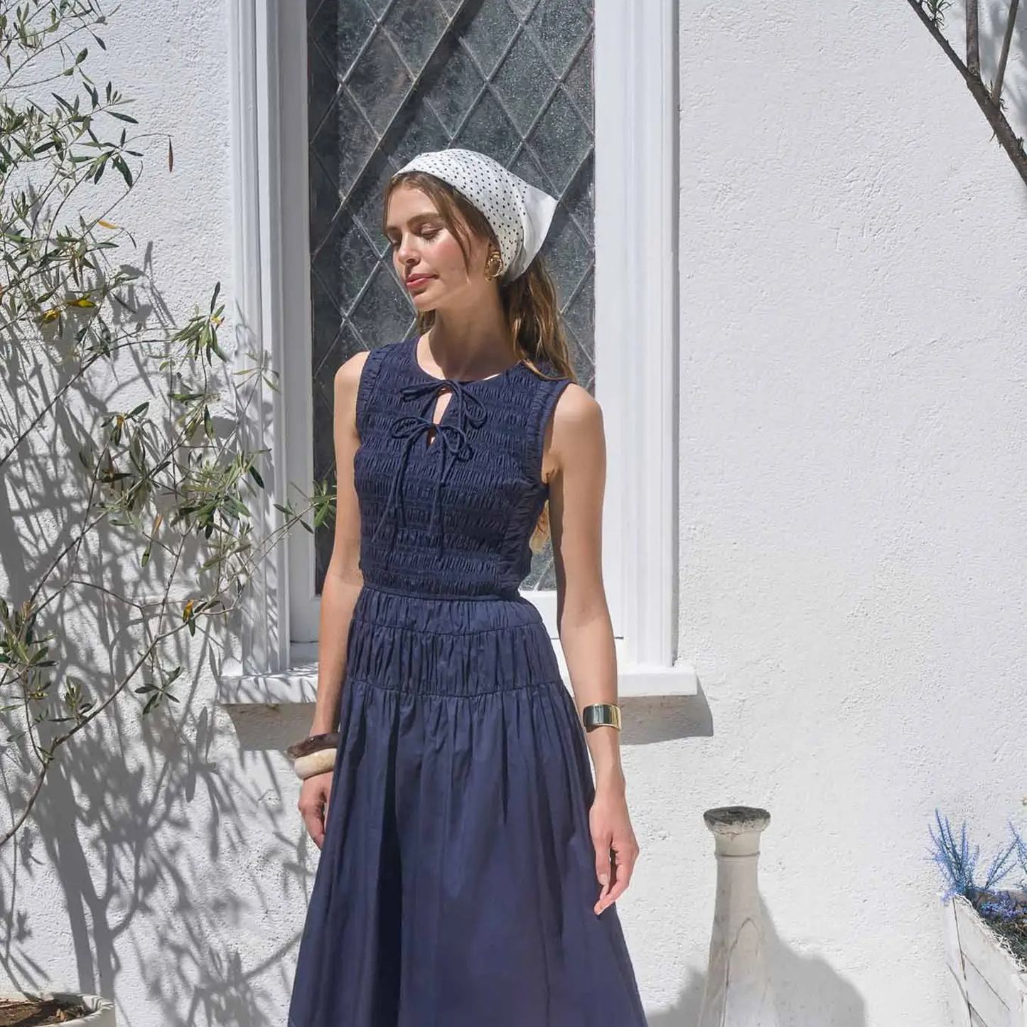 smocked bodice dress Sleeveless Smocked Shirred Waist Midi Dress XS
