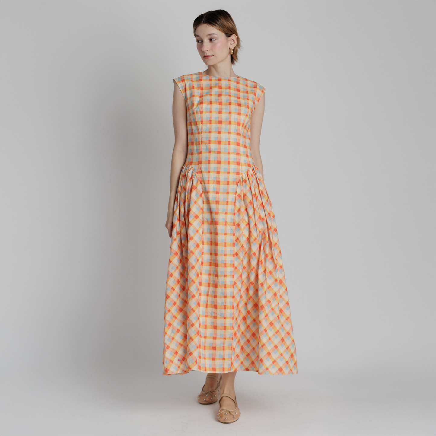 basque waist cotton dress BP Plaid Basque Waist Midi Dress Hingeon5th