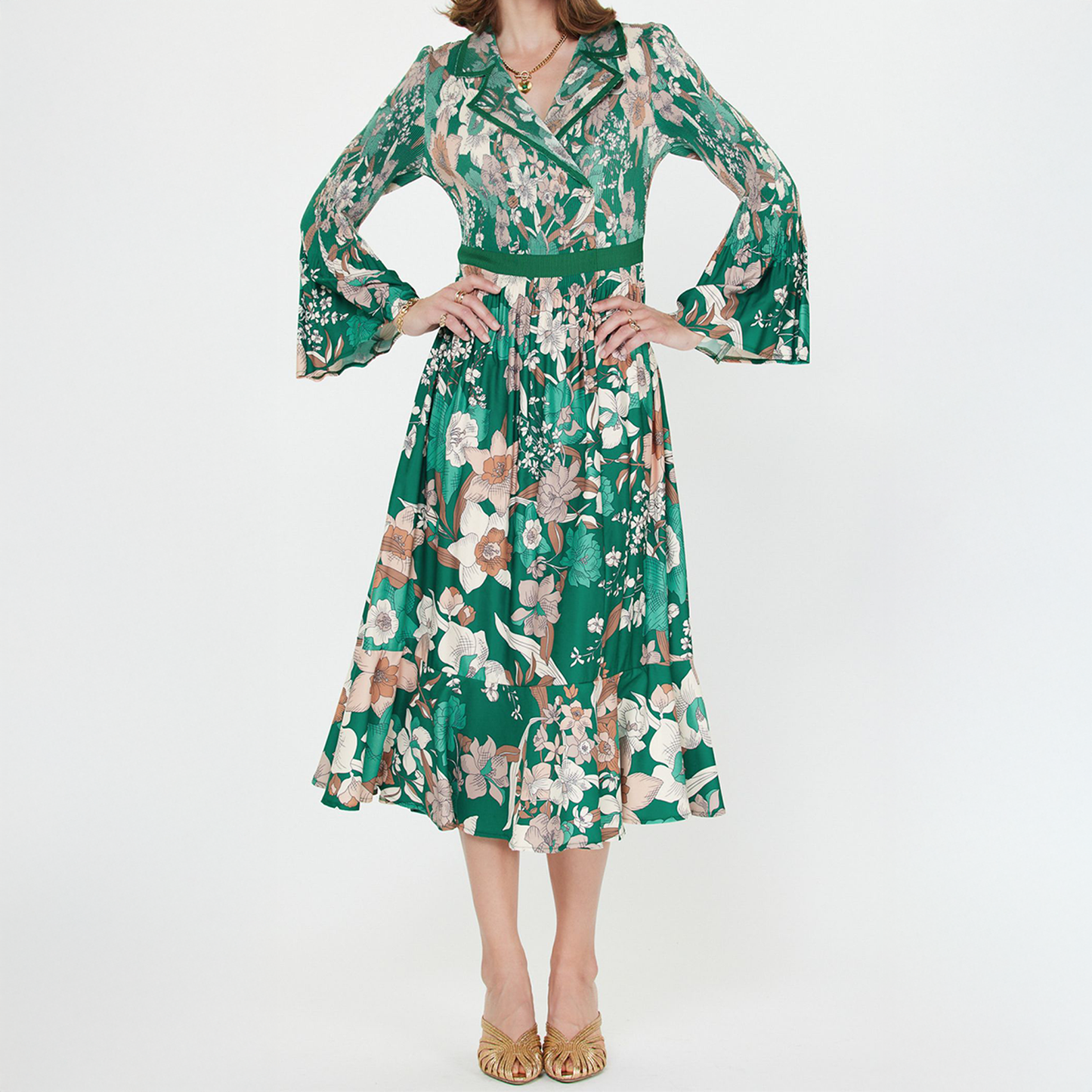 Notched Collar Long Sleeve Pleated Midi Dress Green Multi / M/L Notched Collar Long Sleeve Pleated Midi Dress Green Multi / M/L