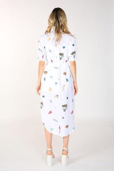 Embroidered Button Front Midi Dress