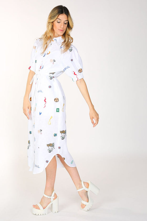 Embroidered Button Front Midi Dress