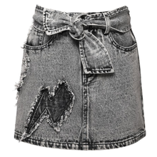  Vintage Wash Denim Skirt With Thunderbolt Patches