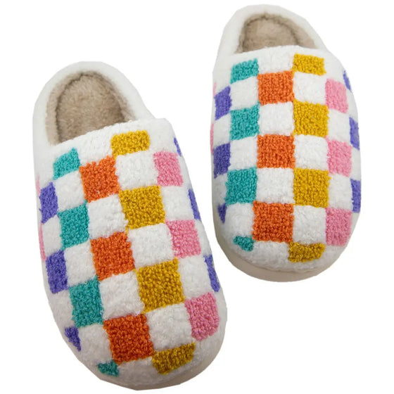 Multi Checkered Pattern Fuzzy Slippers