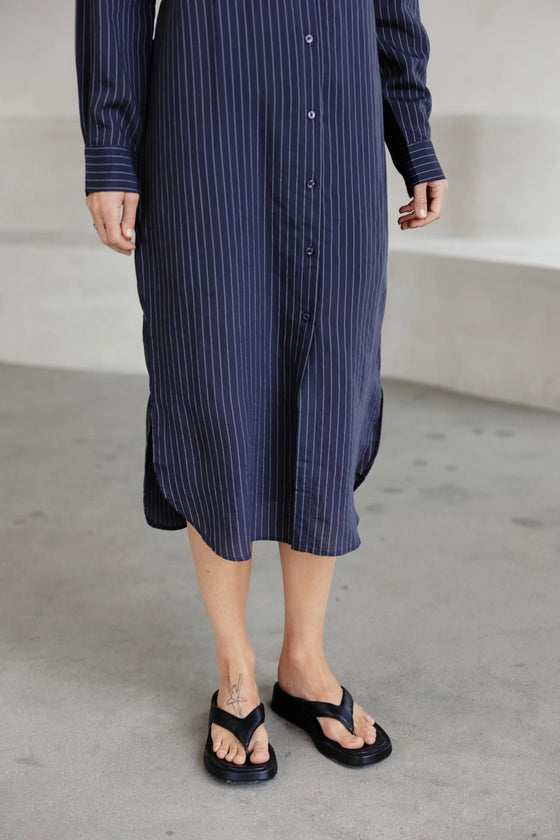 The Jill Dress | Pinstripe Button-Down Midi Dress