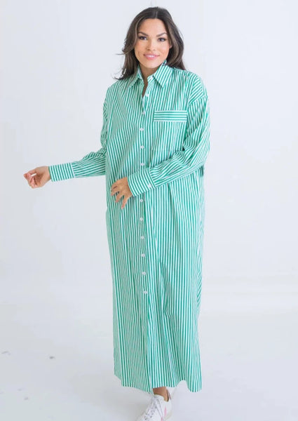 Stripe Poplin Pocket Maxi Shirt Dress