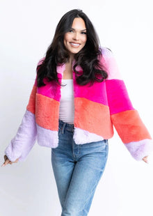  Colorblock Stripe Fur Jacket