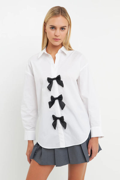 Long Sleeve Button Down Blouse with Bows