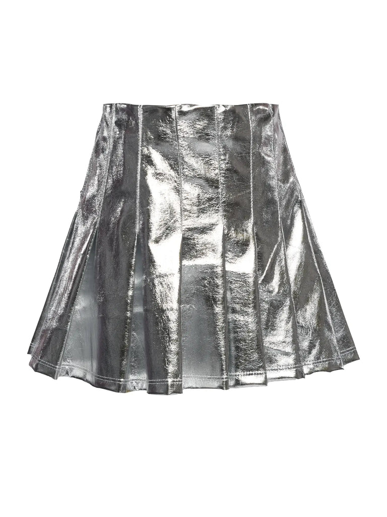 Metallic Pleated Skirt with Back Zip (Faux Leather)